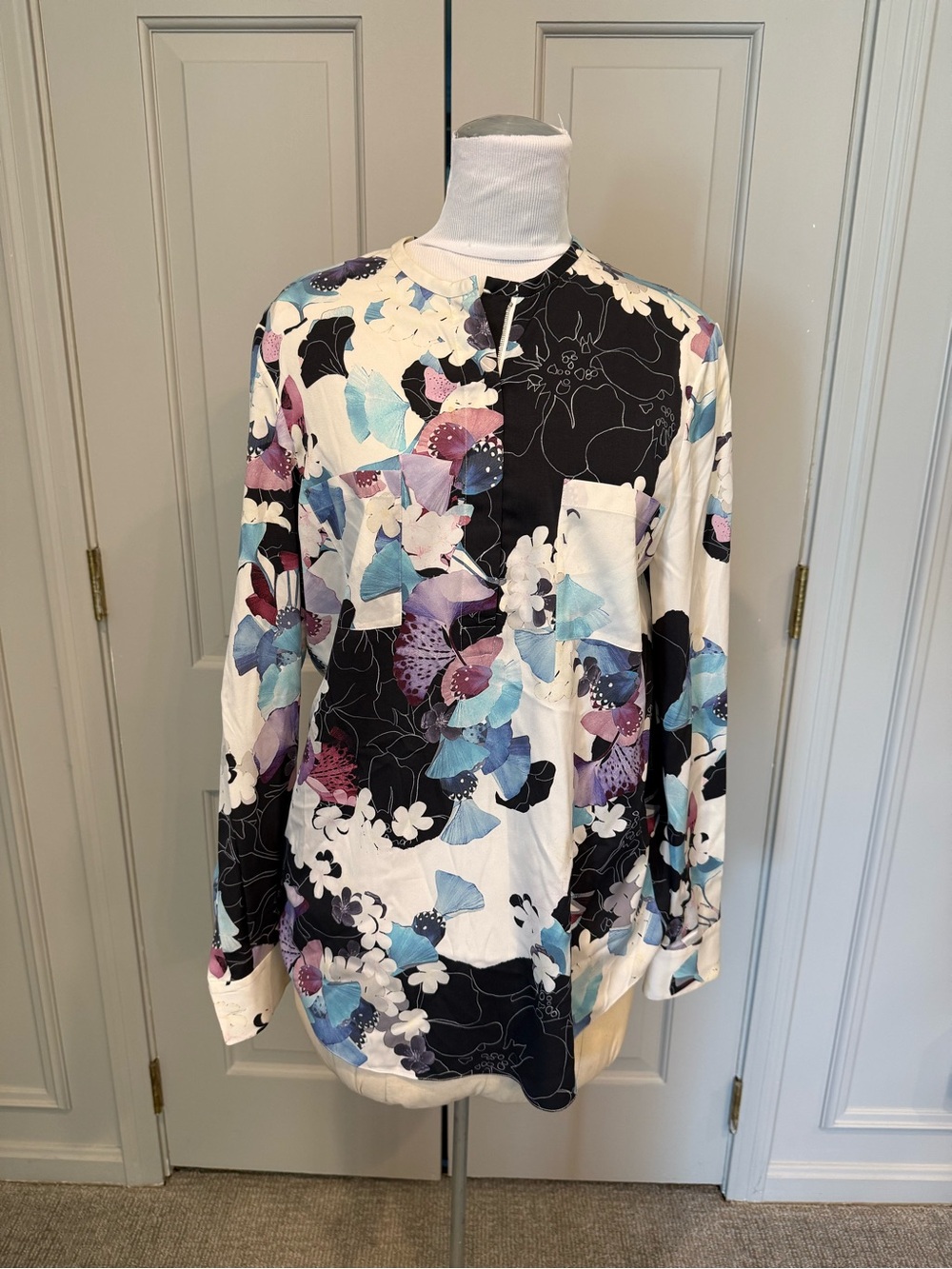 3.1 Phillip Lim Scrapbook Floral Zip Front Blouse in Blue, Purple Black Sz 6